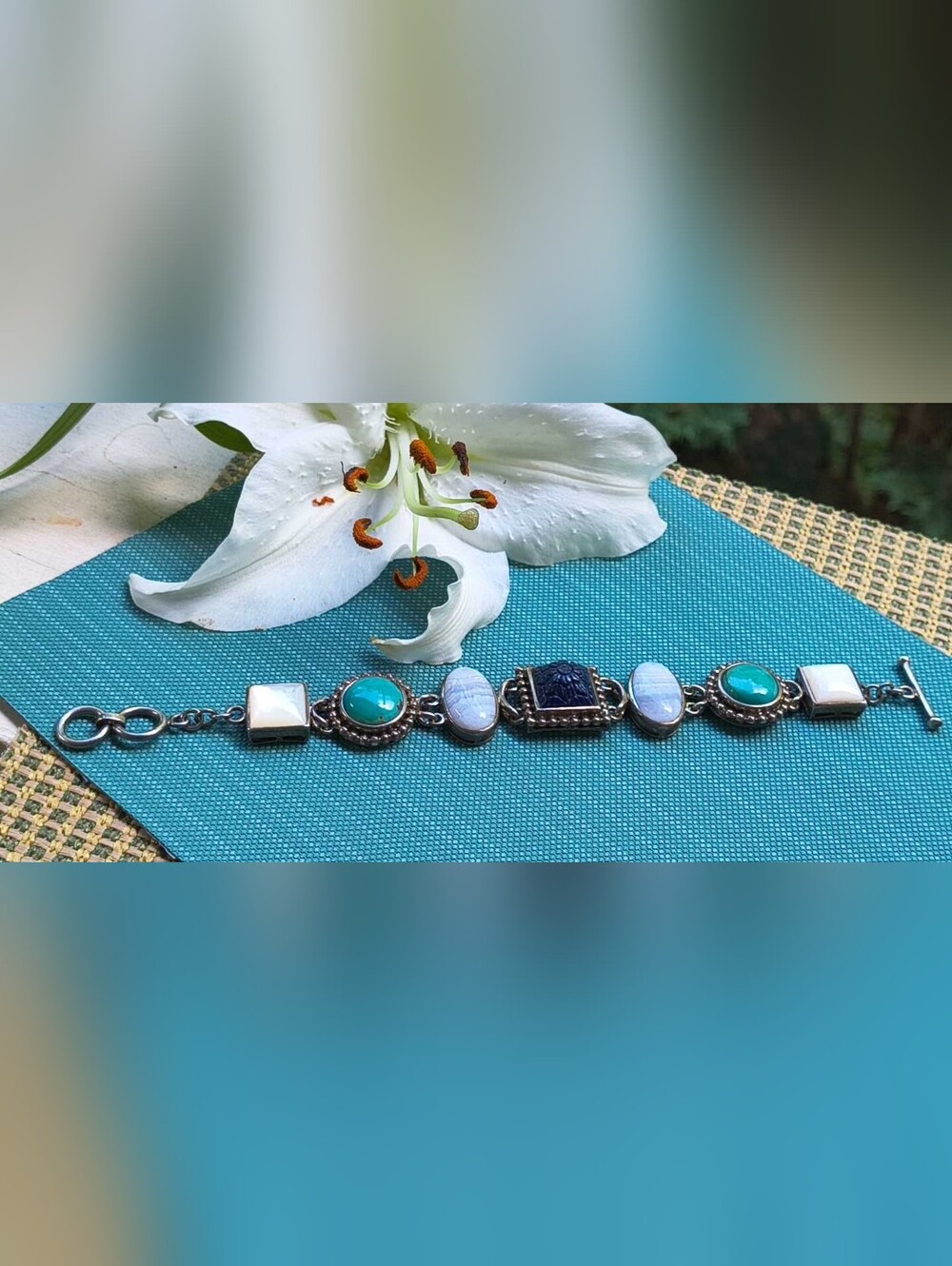 VTG Whitney Kelly WK 925 Sterling Silver Multi Gemstone Toggle Link Bracelet